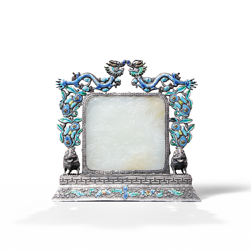 清代 純銀鑲嵌白玉插屏