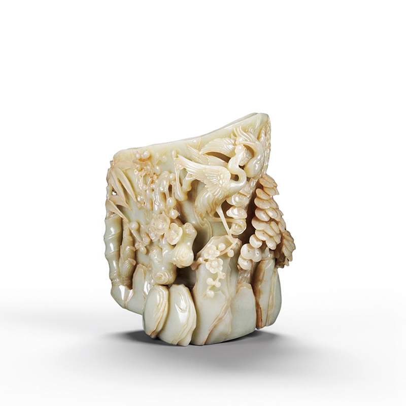 和田玉雕刻花鳥松下筆筒