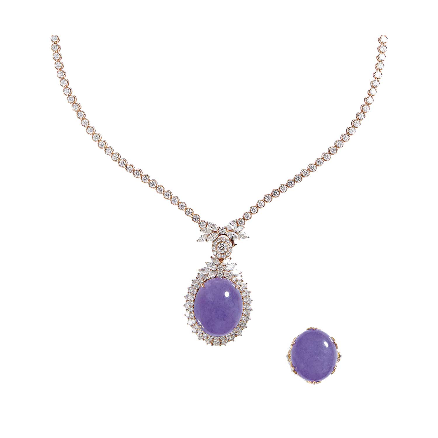 18K玫瑰金鑲嵌天然紫羅蘭翡翠項鍊及戒指套裝